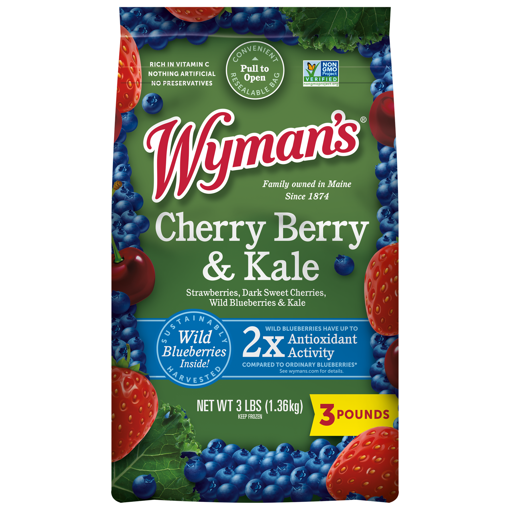 A bag of Wyman's Cherry Berry & Kale.