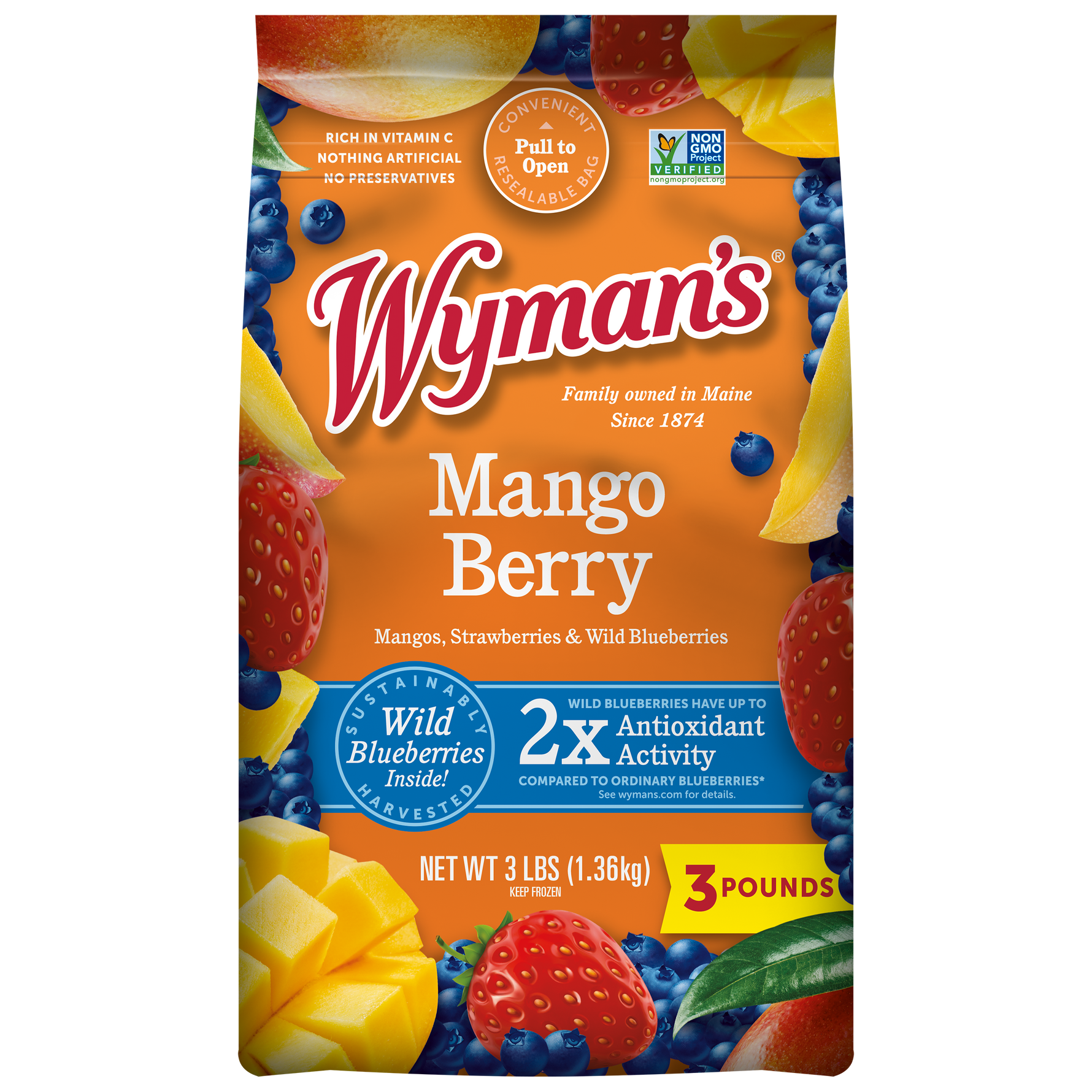 A bag of Wyman's Mango Berry frozen fruit blend.
