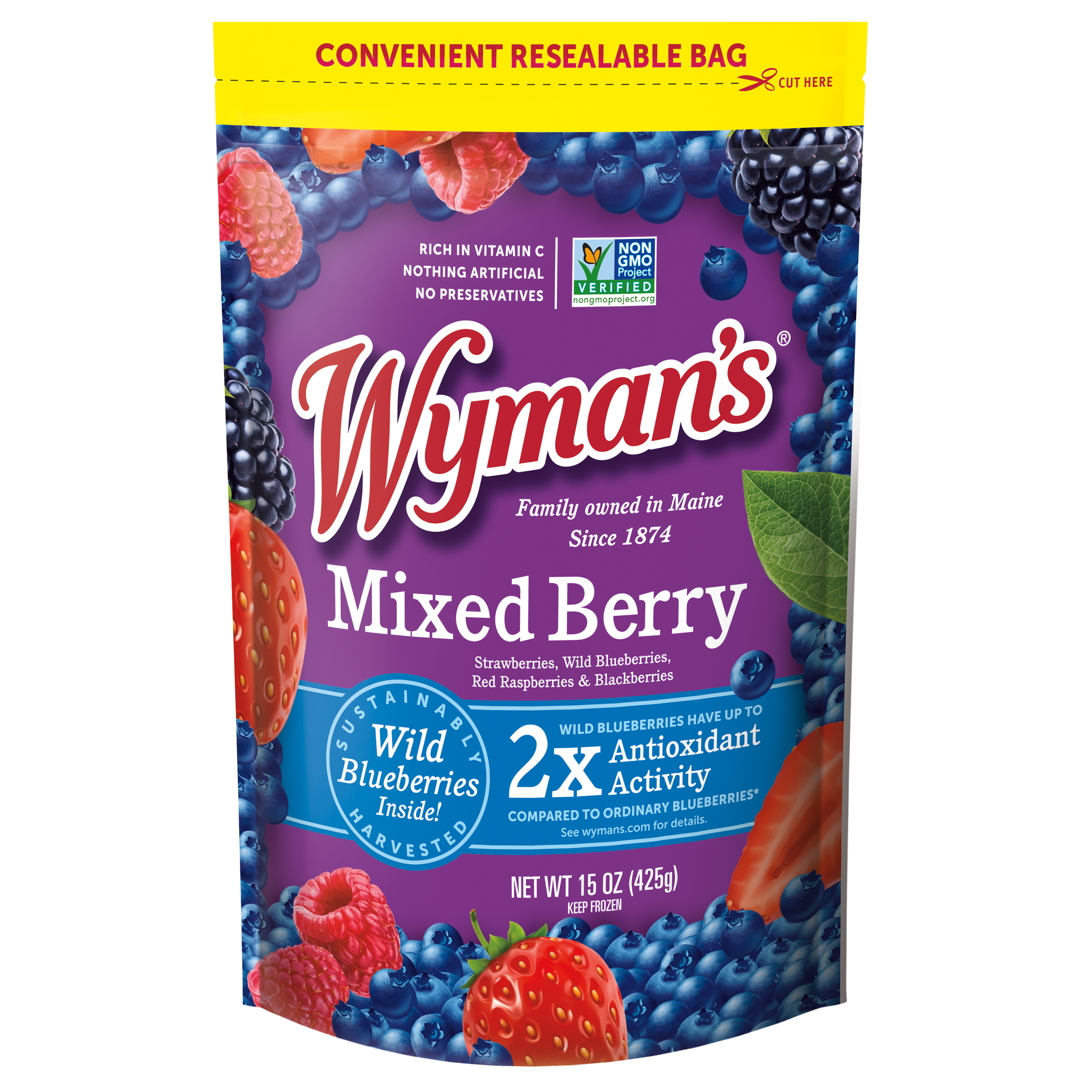 A bag of Shop Wyman's fresh-frozen Mixed Berries.