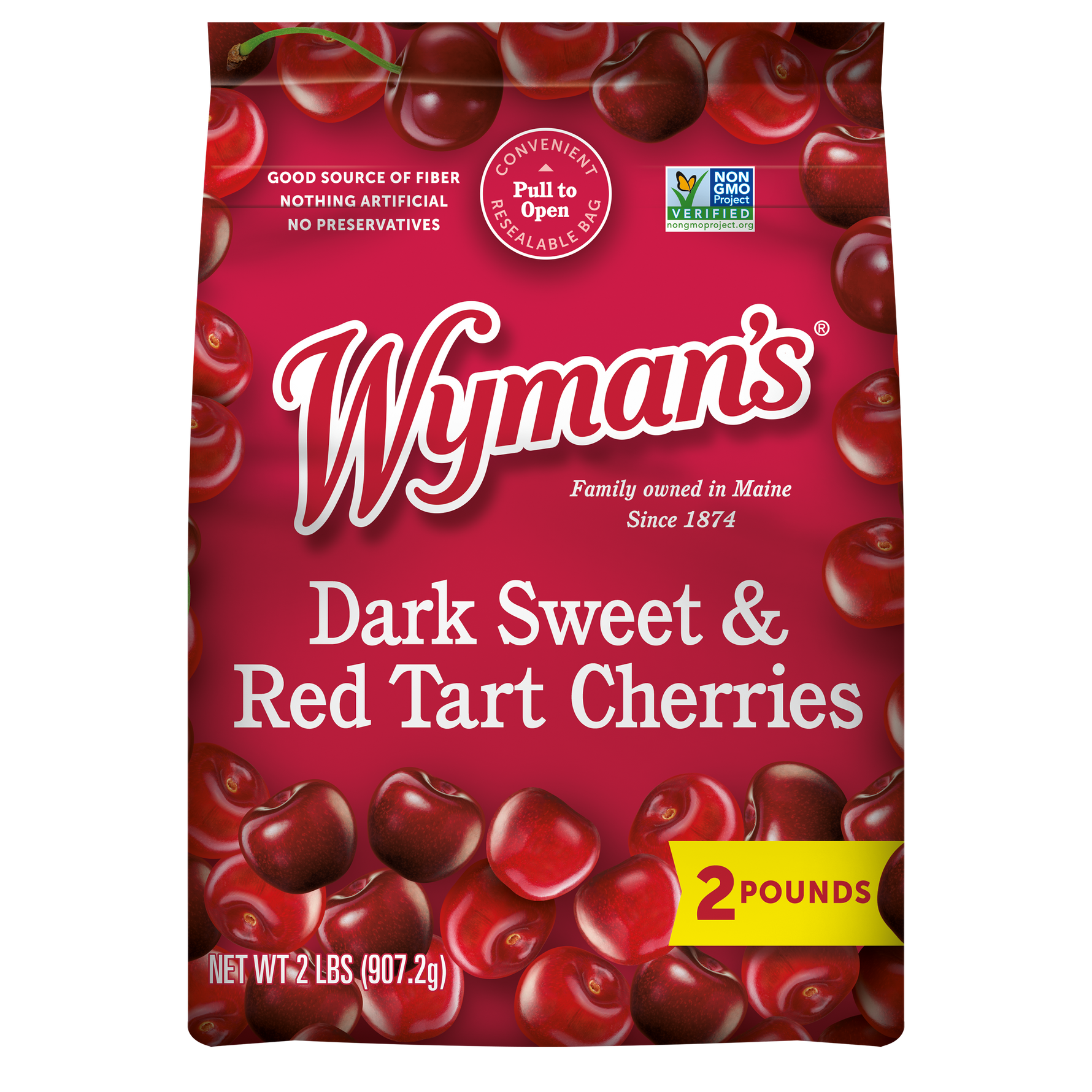 A bag of Wyman's Dark Sweet & Red Tart Cherries on a black background.