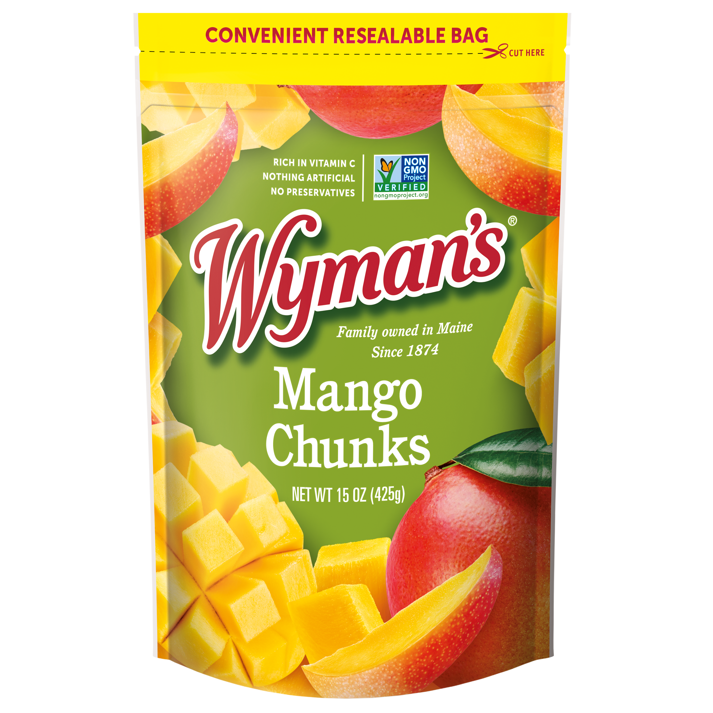 A bag of fresh-frozen Shop Wyman's Mango Chunks.