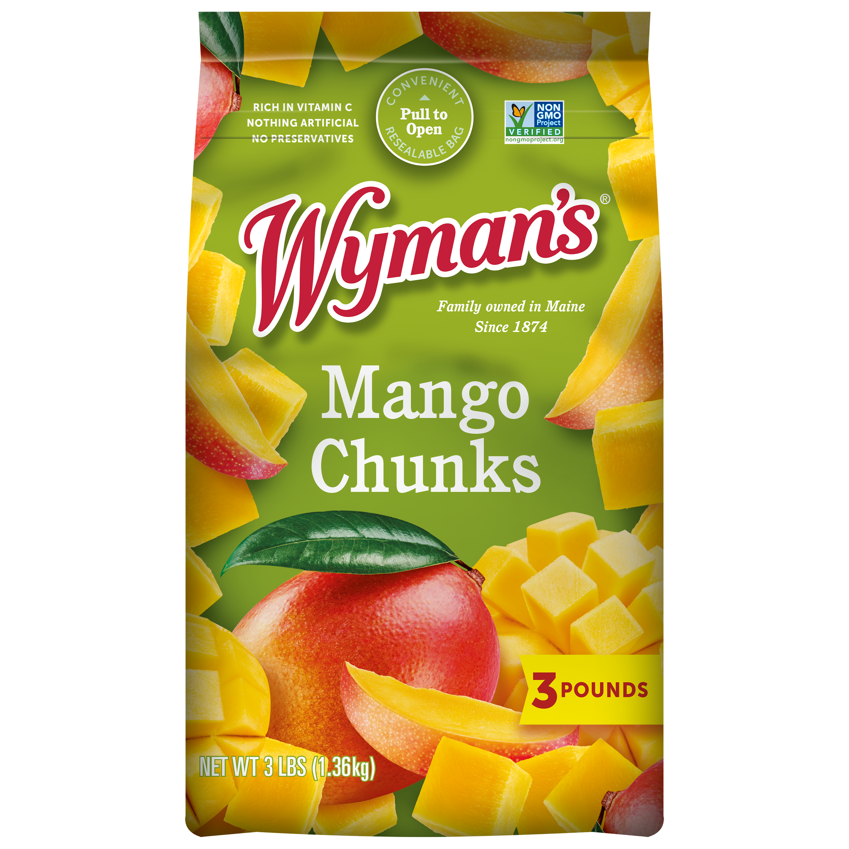 A bag of fresh-frozen Shop Wyman's mango chunks.