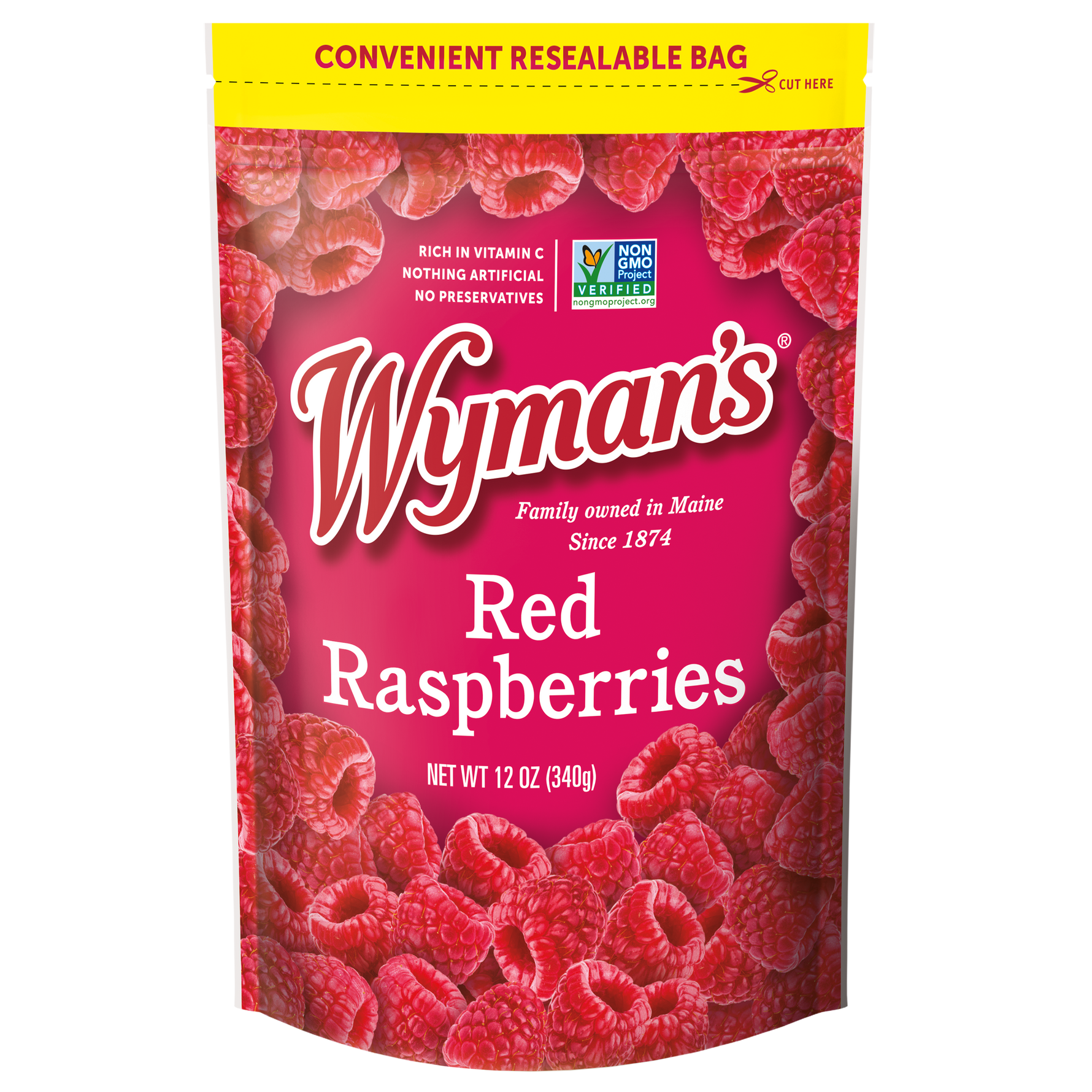A bag of fresh-frozen Shop Wyman's red raspberries.