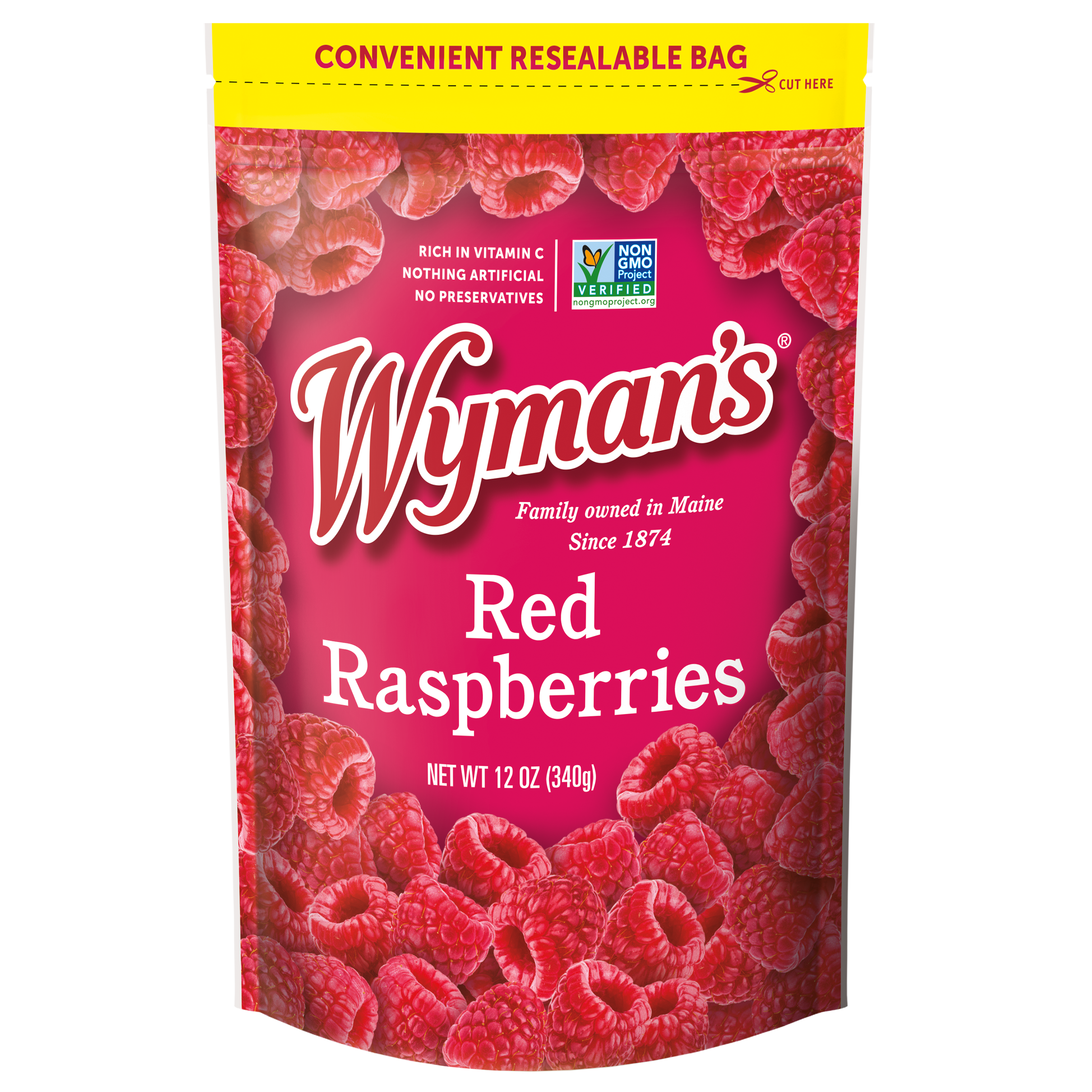 A bag of fresh-frozen Shop Wyman's red raspberries.