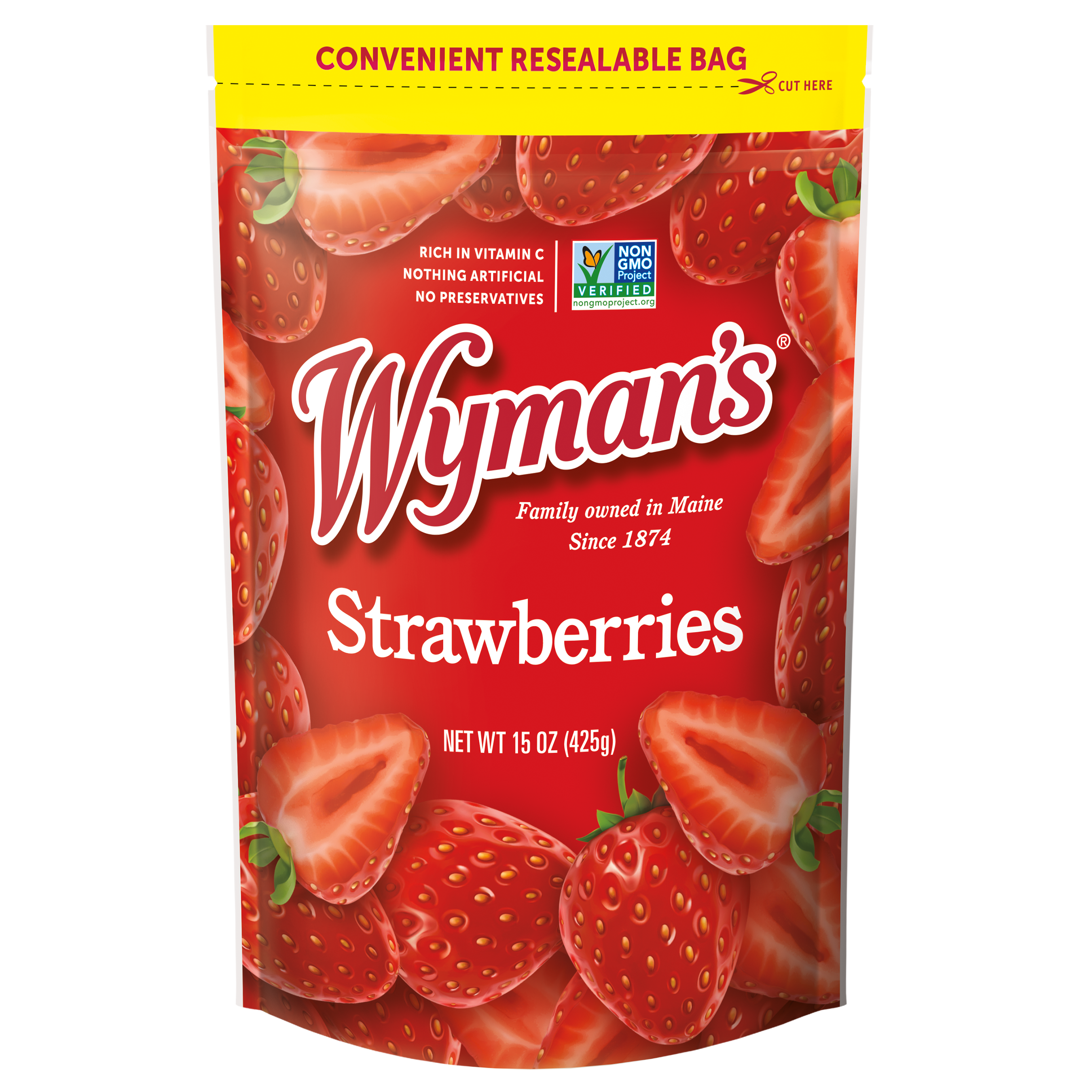 A bag of PSS fresh-frozen strawberries.
