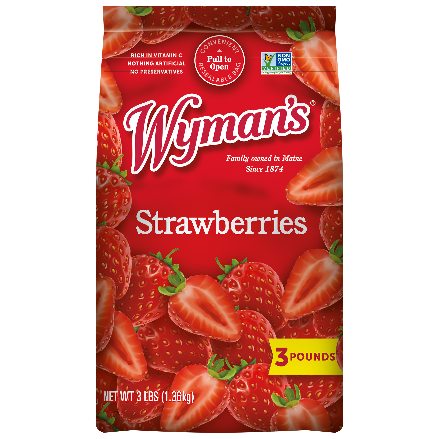 A bag of fresh-frozen Wyman's Strawberries.