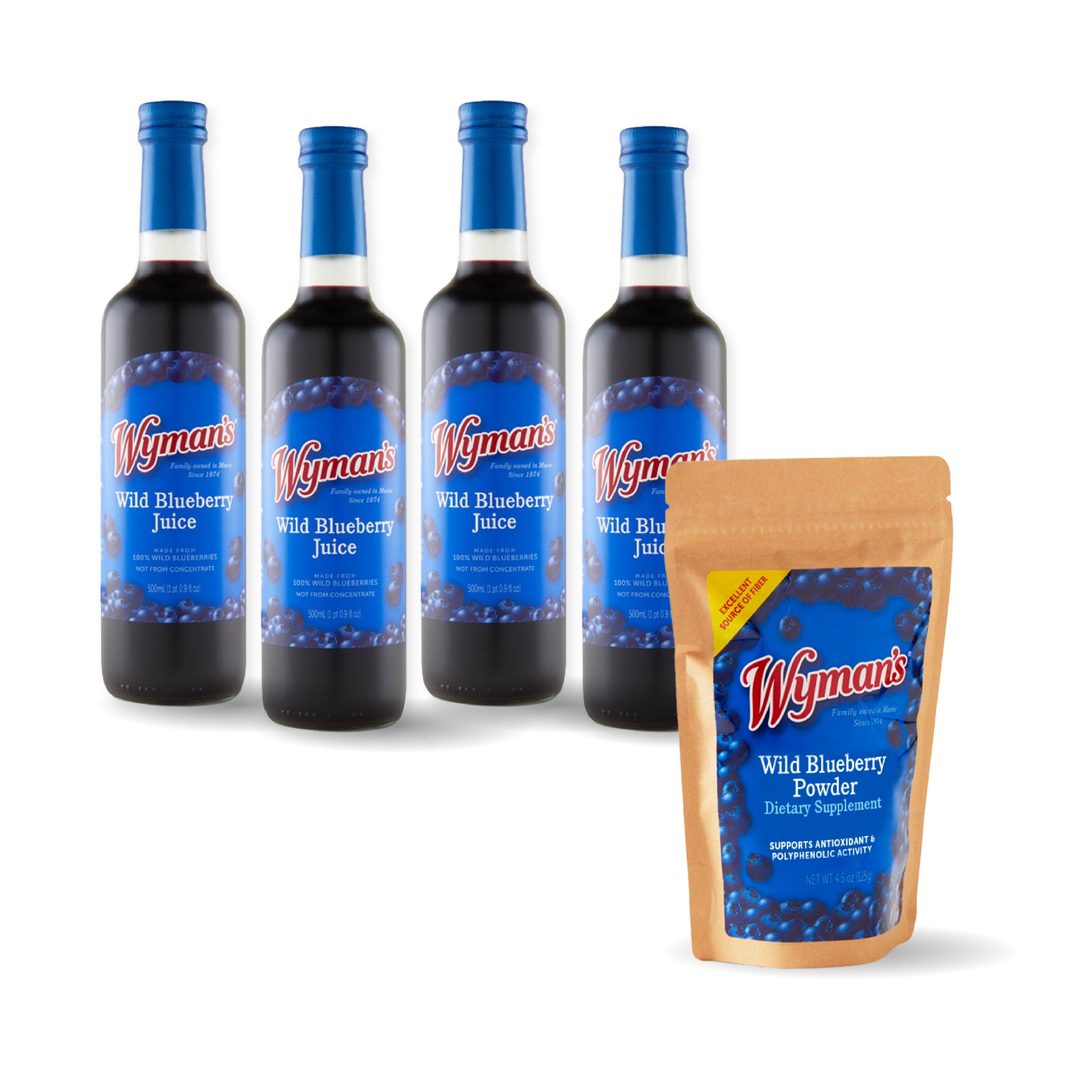 The Berry Best Bundle by Whitney features four bottles of Wild Blueberry Juice and a pouch of Wild Blueberry Powder, both dietary supplements, for a premium wild blueberry experience.