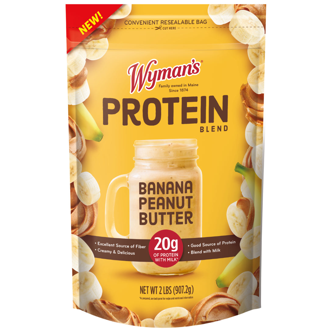 A 2 lb bag of Shop Wyman’s Protein Blend - Banana Peanut Butter, with flash frozen fruit, banana and peanut images, a protein smoothie glass, and 20g protein per serving when prepared with milk.