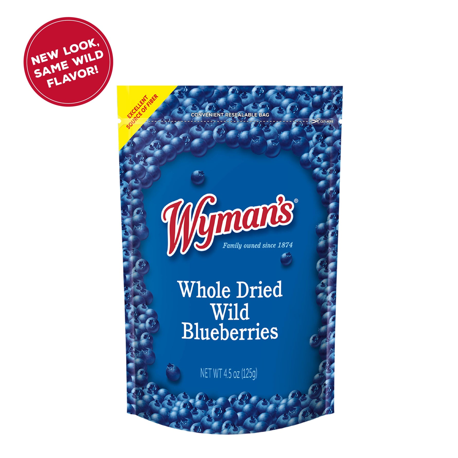 A 4.5 oz bag of Wymanβs Whole Dried Wild Blueberries in blue packaging, featuring blueberry images and a red βNew Look. Same Wild Flavor!β circleβperfect for a delicious wild blueberry snack.