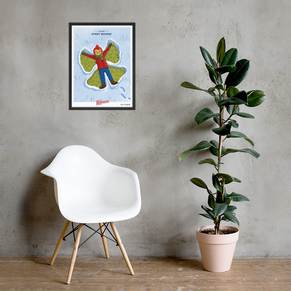A chair next to a framed In Season, Every Season poster of a butterfly with custom design printing finishes from Shop Wyman's.