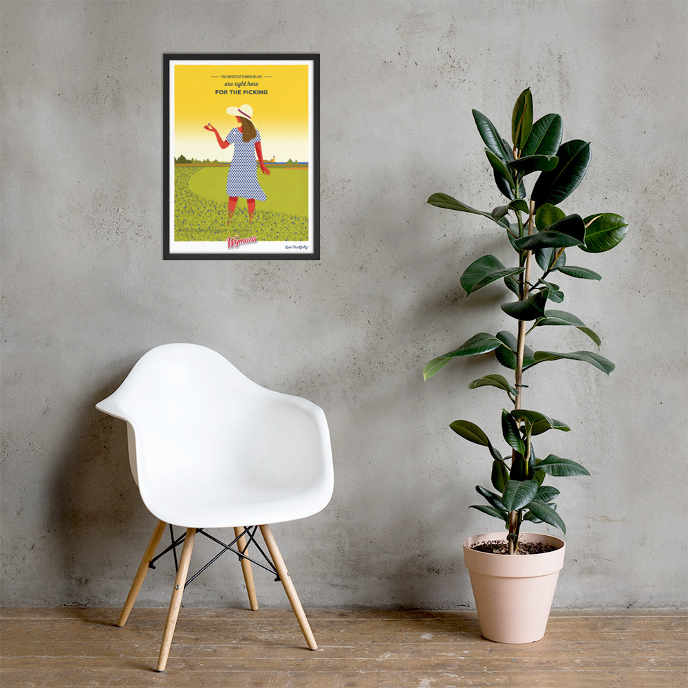 A framed Shop Wyman's poster of The Sweetest Things in Life are Right Here for the Picking with custom printing finishes.