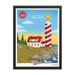 A custom-framed Shop Wyman's poster with a lighthouse in the background, featuring elegant printing finishes.
