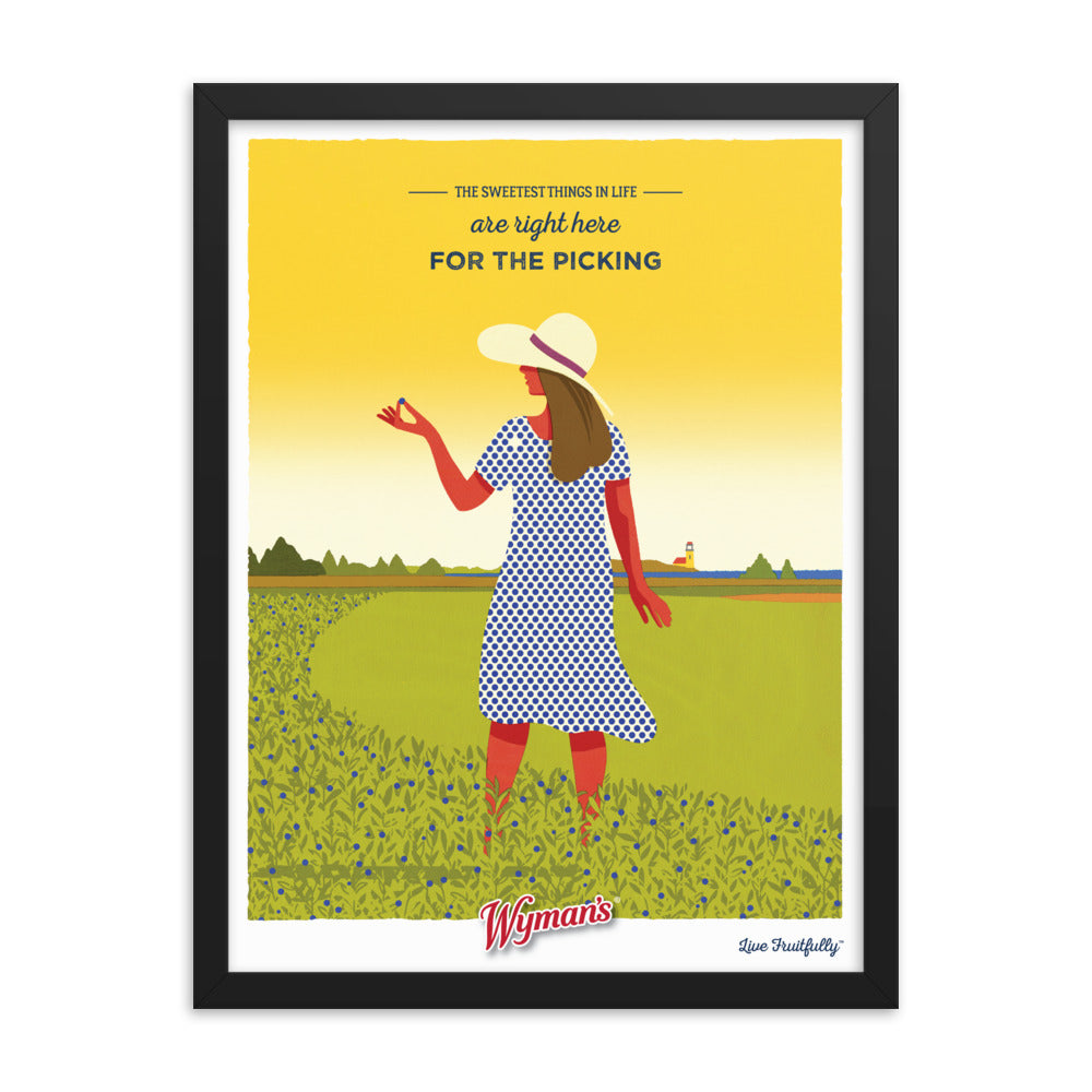 A framed Sweetest Things in Life are Right Here for the Picking poster with a custom printing finish, featuring a woman in a dress standing in a field by Shop Wyman's.