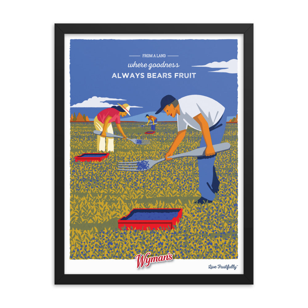 A framed Shop Wyman's "From a Land Where Goodness Always Bears Fruit" poster with a man and woman in a field of blueberries.