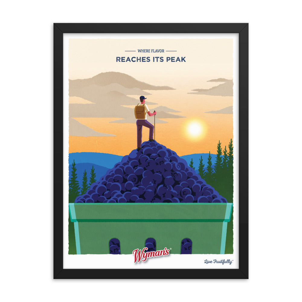 A Shop Wyman's Where Flavor Reaches its Peak Poster with a man standing on top of a pile of blueberries.