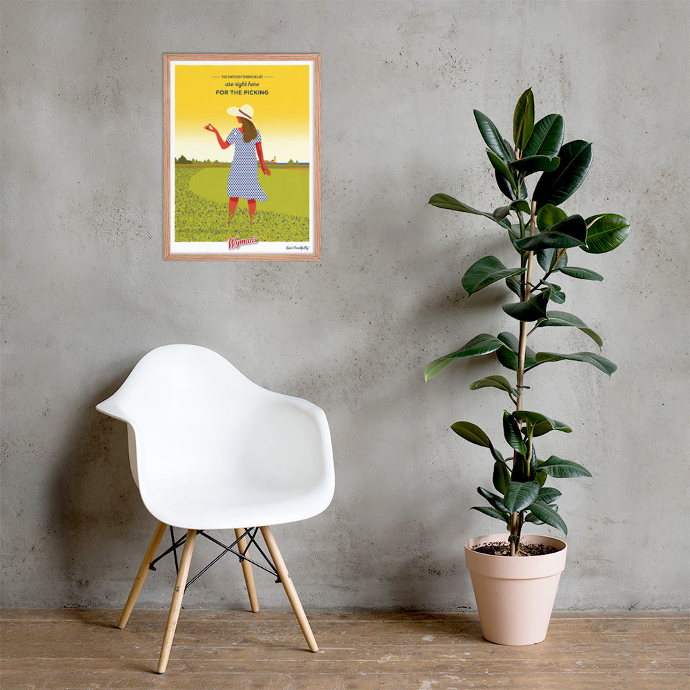 A custom The Sweetest Things in Life are Right Here for the Picking Poster from Shop Wyman's with a picture of a girl in a field next to a chair, enhanced with superior printing finishes.