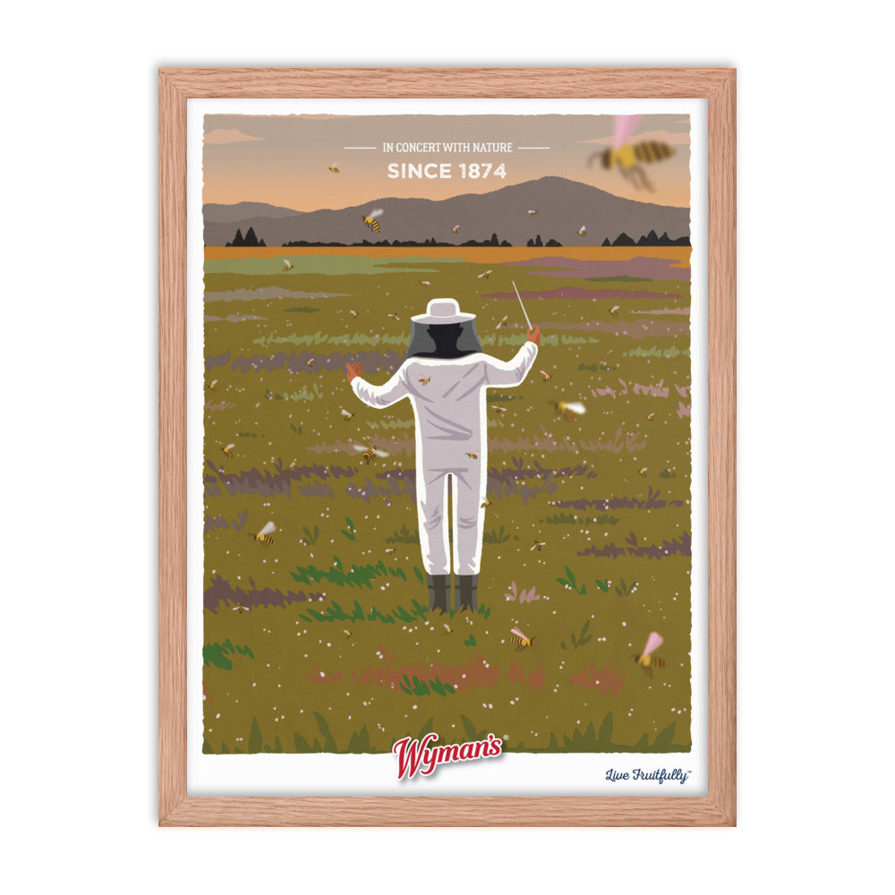 A framed Shop Wyman's In Concert with Nature Since 1874 poster of a man in a bee suit in a field.
