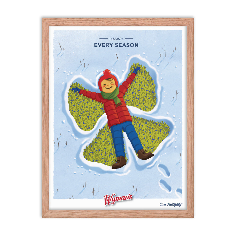 A framed In Season, Every Season Poster with a custom design of a boy in the snow from Shop Wyman's.