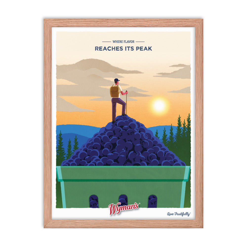 A Where Flavor Reaches its Peak Poster from Shop Wyman's with a man standing on top of a pile of blueberries.