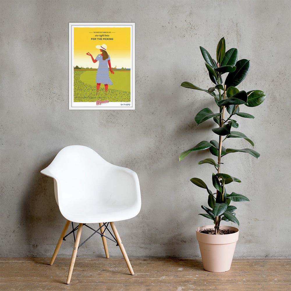 A Shop Wyman's poster with a picture of a girl in a yellow dress sitting next to a chair, enhanced with custom printing finishes.