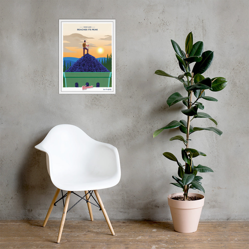 A Where Flavor Reaches its Peak Poster with a print of a mountain and a chair in front of it from Shop Wyman's.