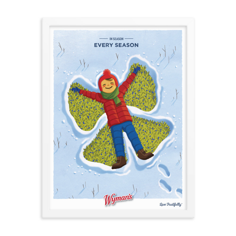 A framed poster with a custom design of a boy in the snow, featuring the In Season, Every Season Poster from Shop Wyman's.
