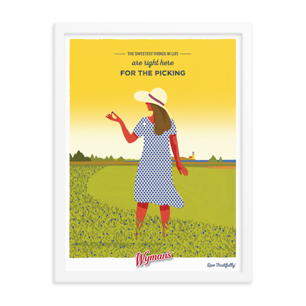A Shop Wyman's "The Sweetest Things in Life are Right Here for the Picking" poster with custom printing finishes featuring a woman in a hat standing in a field.