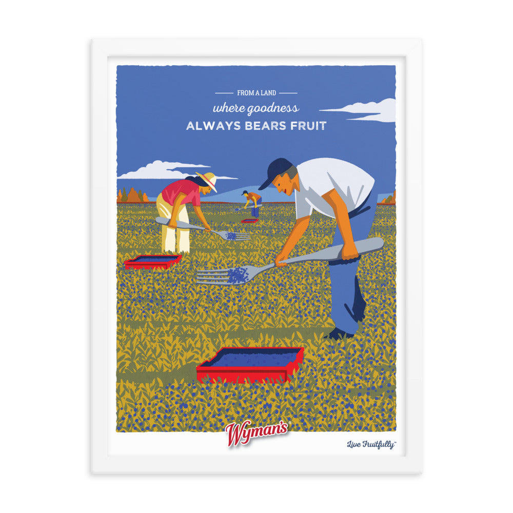 A printing of a From a Land Where Goodness Always Bears Fruit Poster with a man and woman in a field from Shop Wyman's.
