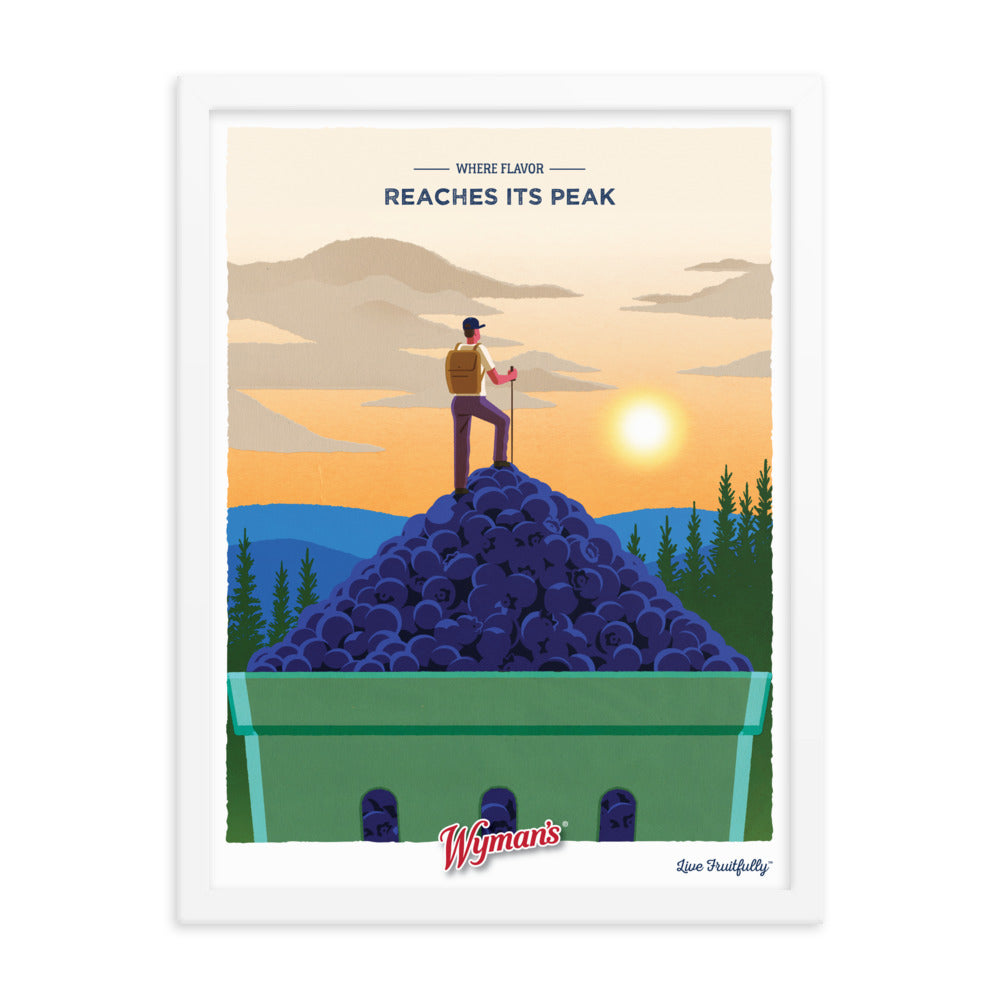 A Where Flavor Reaches its Peak Poster featuring a man standing on top of a pile of blueberries from Shop Wyman's.