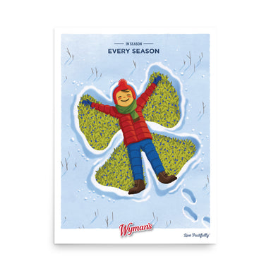 A Shop Wyman's In Season, Every Season Poster with a custom design featuring a boy in the snow.