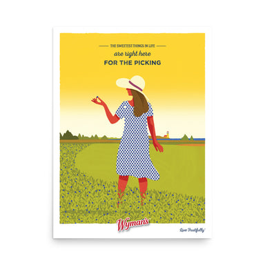 A woman in a dress and hat standing in a field, depicted in a Shop Wyman's "The Sweetest Things in Life are Right Here for the Picking" poster with custom printing finishes.