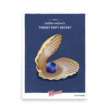 A blue shell with the words 'Behold Mother Nature's Tiniest Kept Secret Poster' on it, resembling a blueberry-themed design from Shop Wyman's.