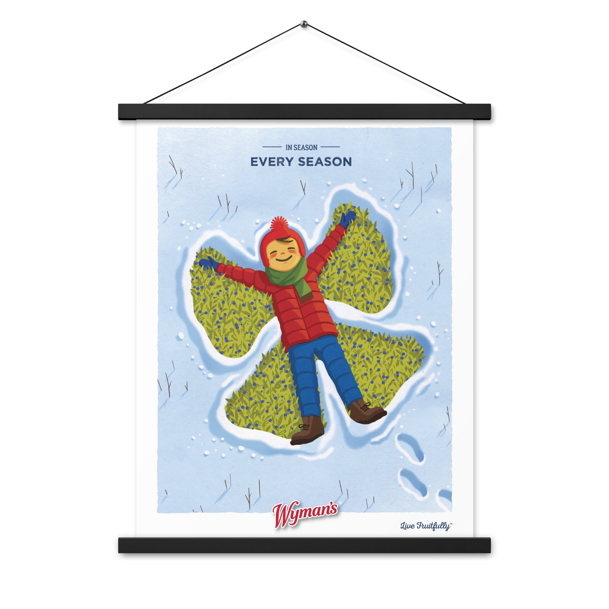 A Shop Wyman's In Season, Every Season Poster with a custom design featuring a picture of a girl holding a snowflake.