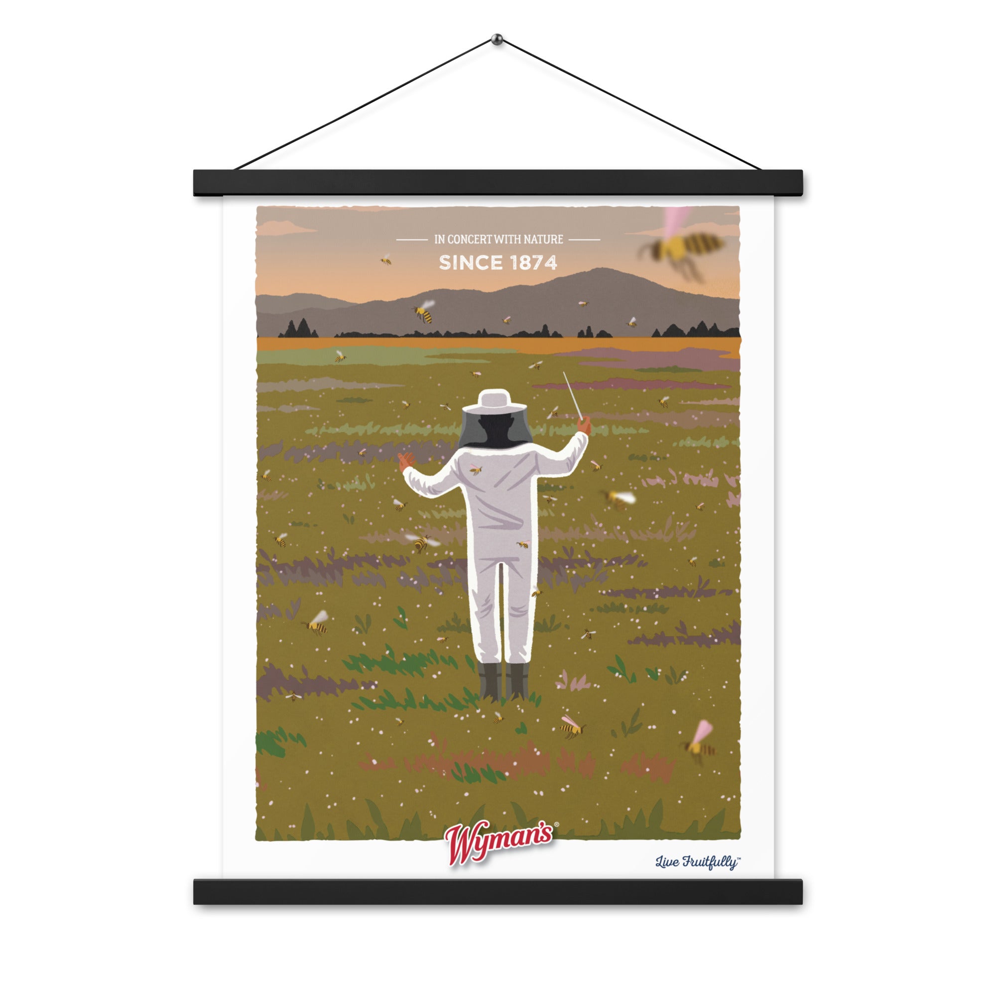 A Shop Wyman's In Concert with Nature Since 1874 Poster of a man flying a bee in a field with custom printing finishes.
