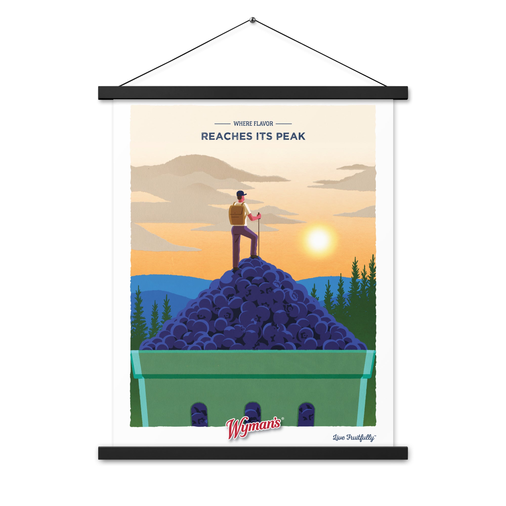 A print of the Where Flavor Reaches its Peak Poster by Shop Wyman's with a man standing on top of a pile of grapes.