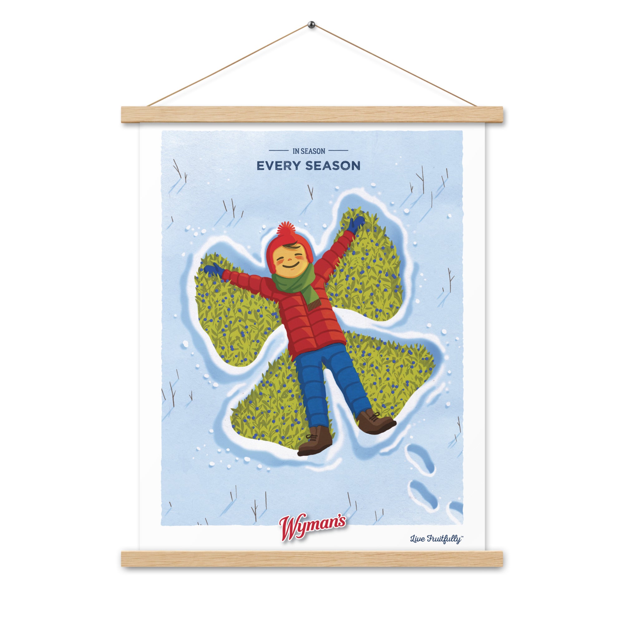 A custom-designed In Season, Every Season Poster with a picture of a girl holding a snowflake, enhanced by elegant printing finishes from Shop Wyman's.