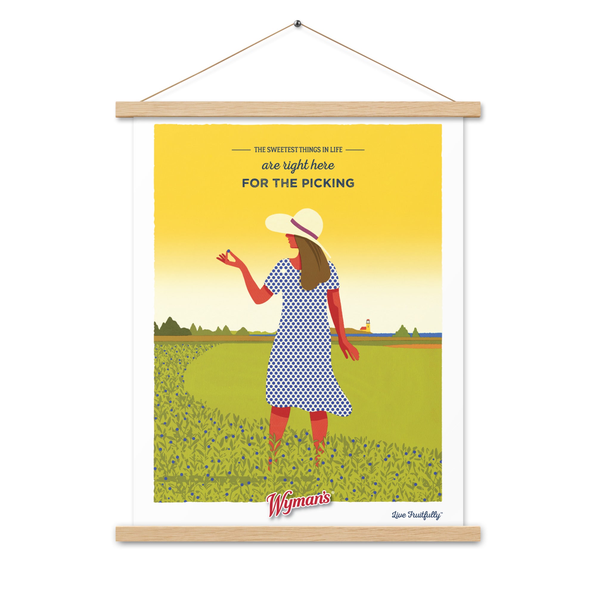 A Shop Wyman's "The Sweetest Things in Life are Right Here for the Picking" poster with a custom printing finish featuring a woman in a hat standing in a field.