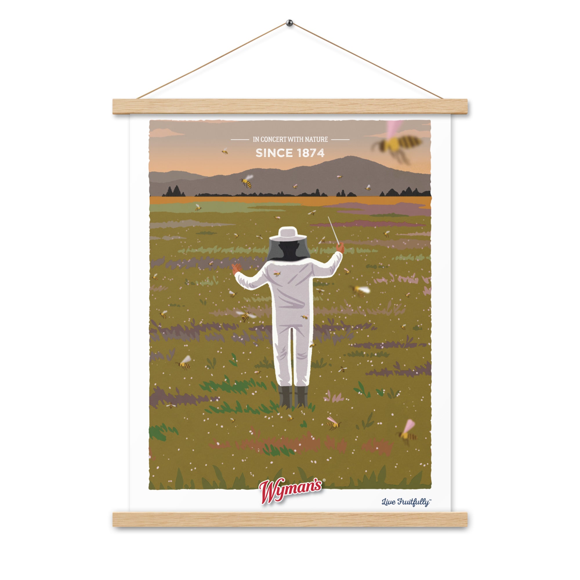 A Shop Wyman's In Concert with Nature Since 1874 Poster with a custom display of a man in a bee suit flying in a field, featuring premium printing finishes.
