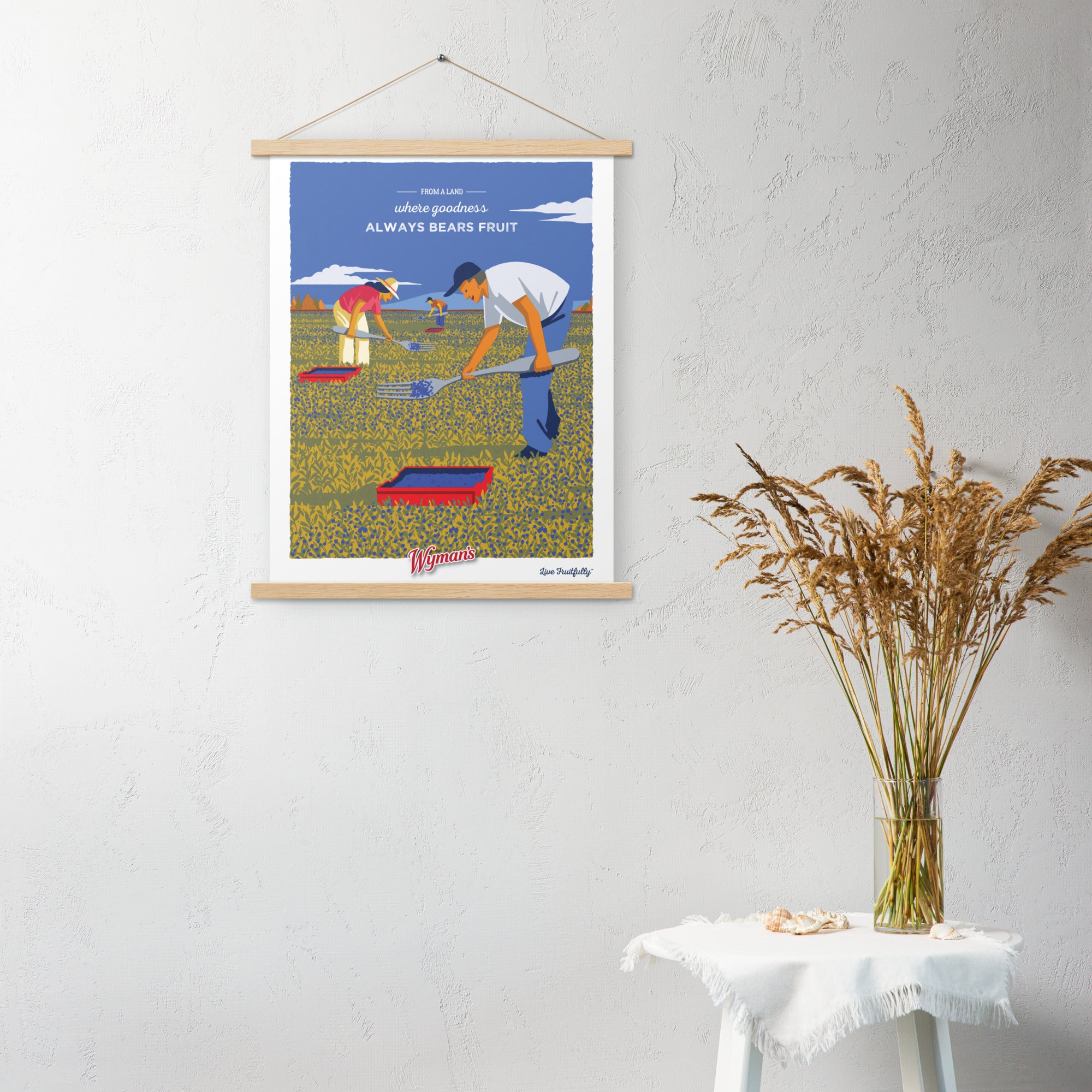 A Shop Wyman's poster with an image of a man in a field of blueberries.