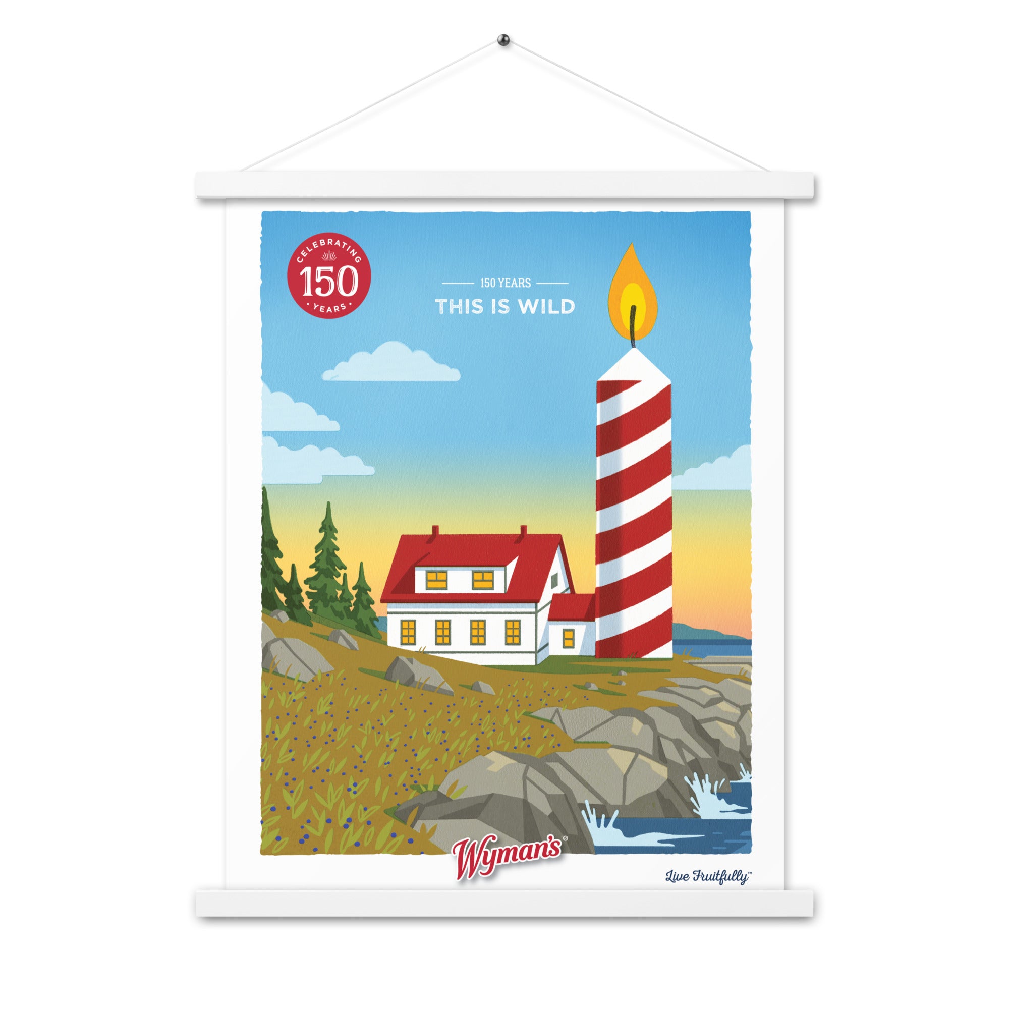 A custom Shop Wyman's poster with a lighthouse and a candle hanging on the wall.