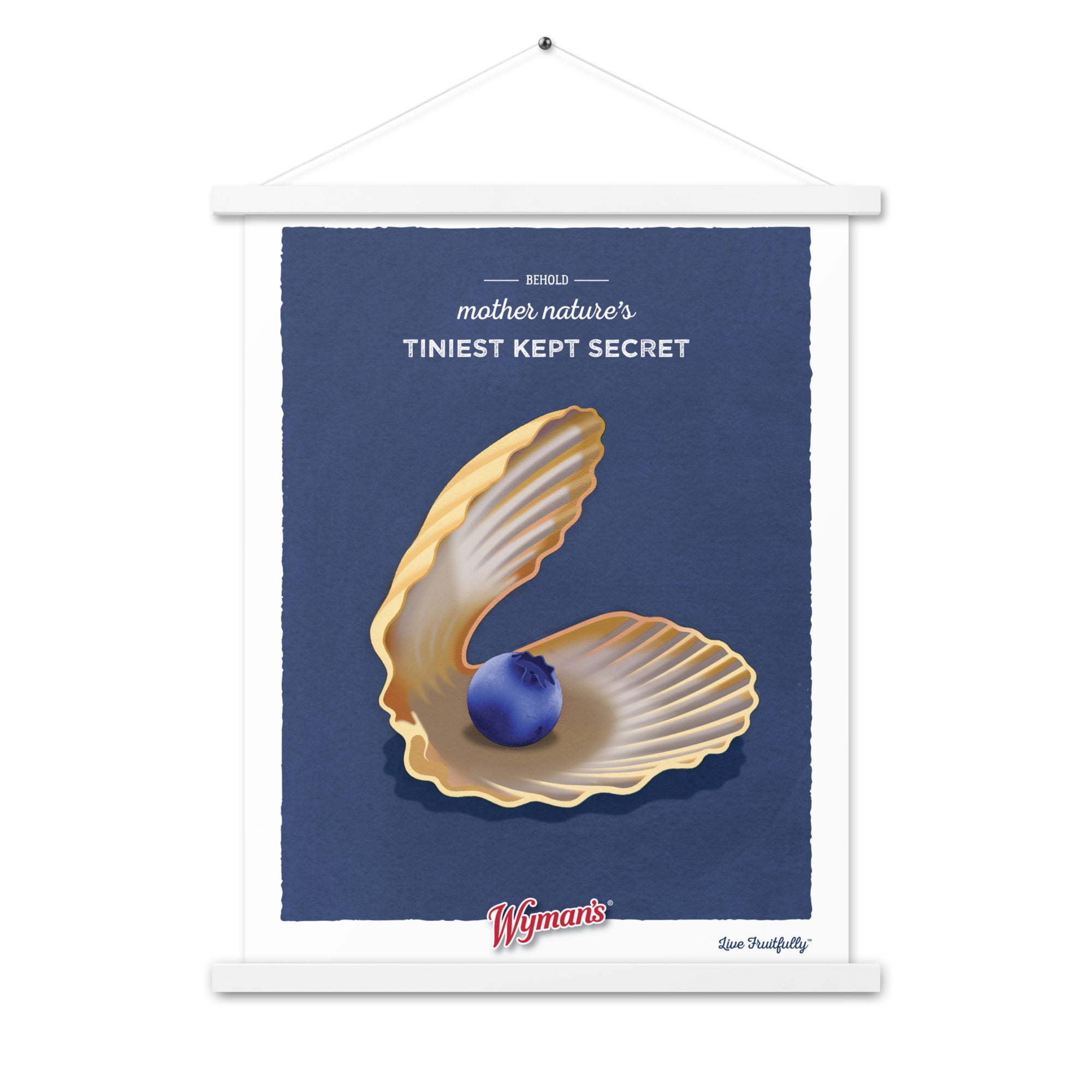 A Behold Mother Nature's Tiniest Kept Secret Poster with a blue shell design, created using advanced printing techniques, hanging on the wall. Created by Shop Wyman's.