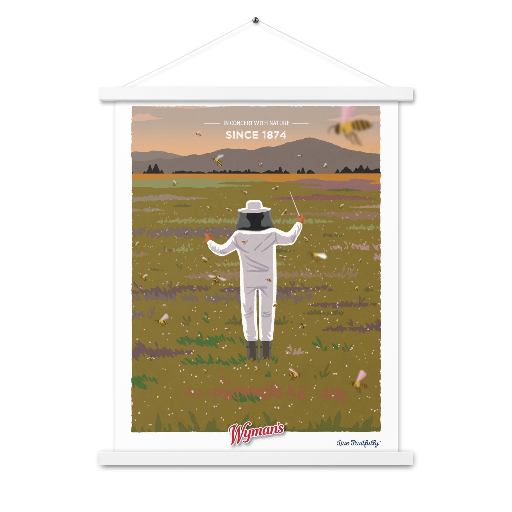 A custom Shop Wyman's In Concert with Nature Since 1874 poster with a man in a bee suit flying in the field, enhanced with unique printing finishes.