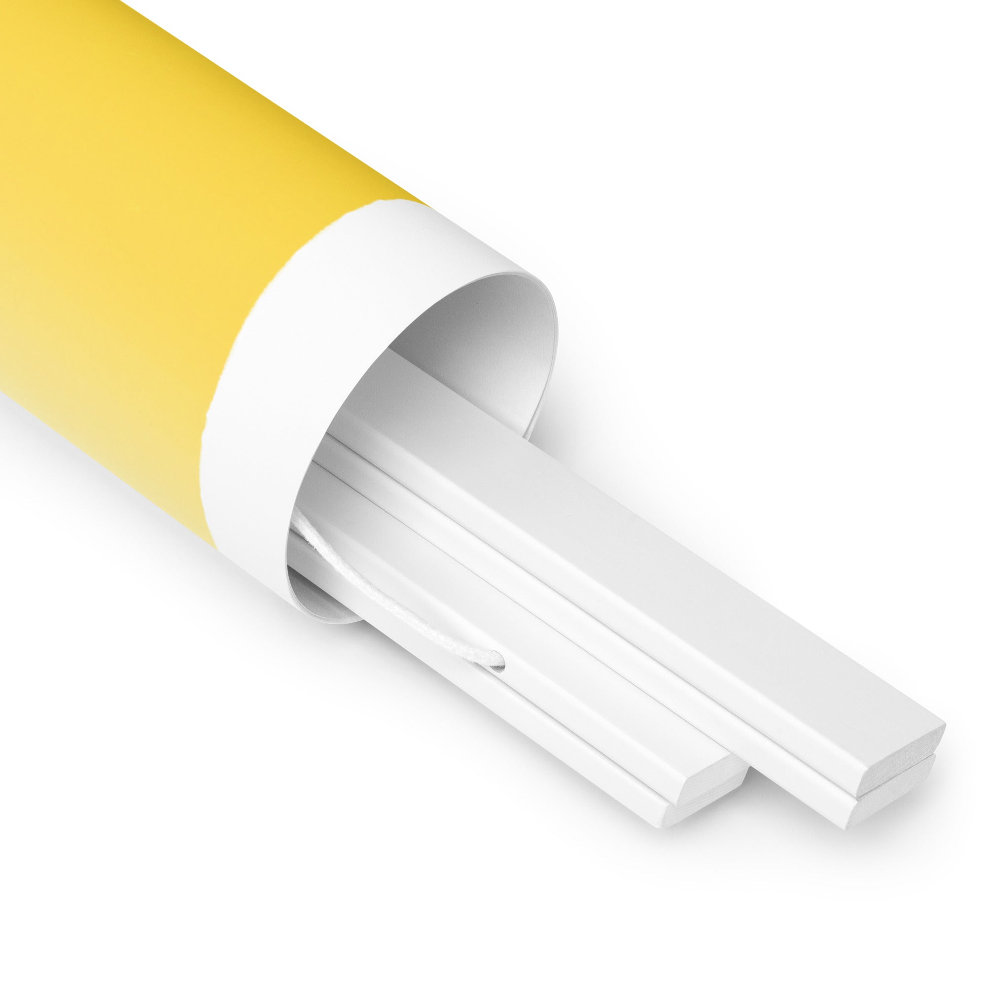 A tube of yellow plastic with custom printing finishes on a white surface containing "The Sweetest Things in Life are Right Here for the Picking" poster from Shop Wyman's.