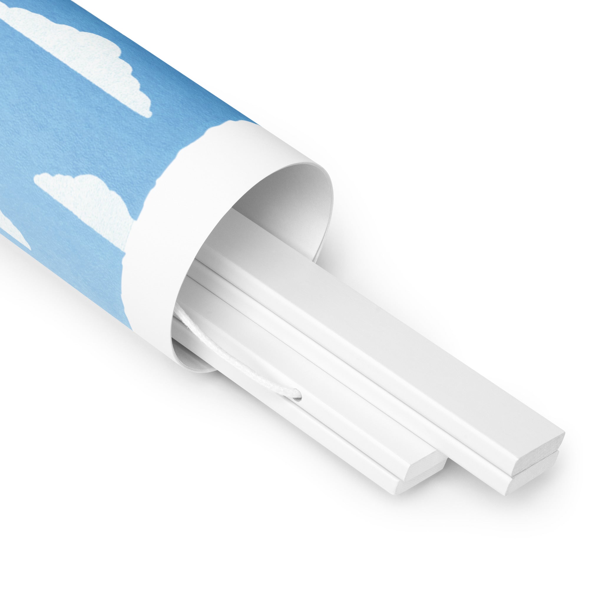 A white tube with a blue cloud design on it. 
Product Name: From Our Fields to Your Family Poster
Brand Name: Shop Wyman's