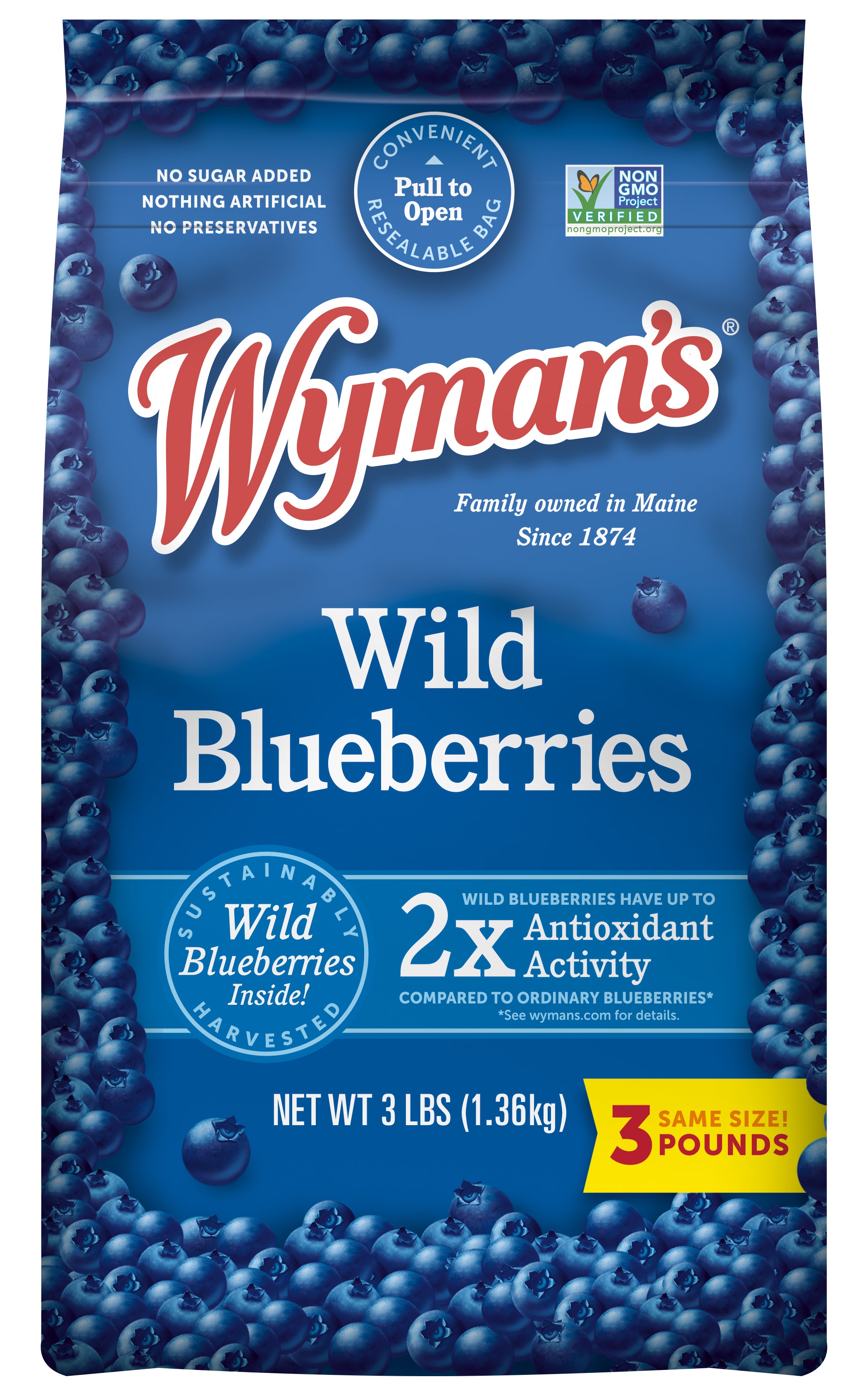 A bag of Shop Wyman's frozen wild blueberries in eco-friendly packaging.
