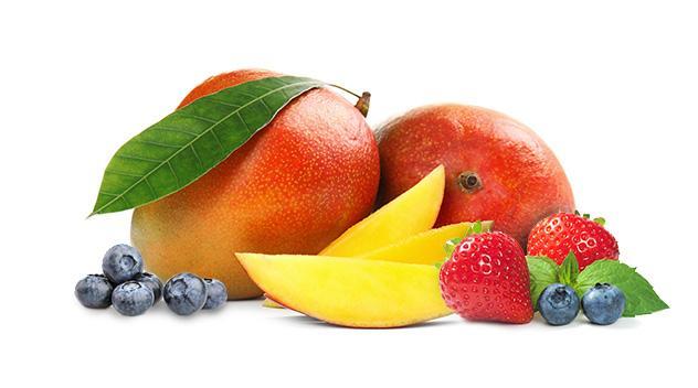 A variety of fruits including a PSS Mango Berry frozen fruit blend are shown on a white background.