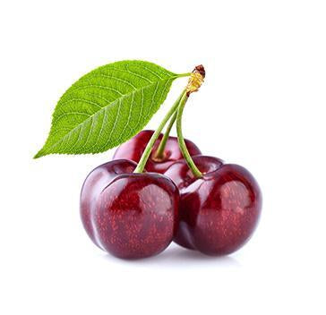 Three Dark Sweet & Red Tart Cherries with a leaf on a white background from PSS.