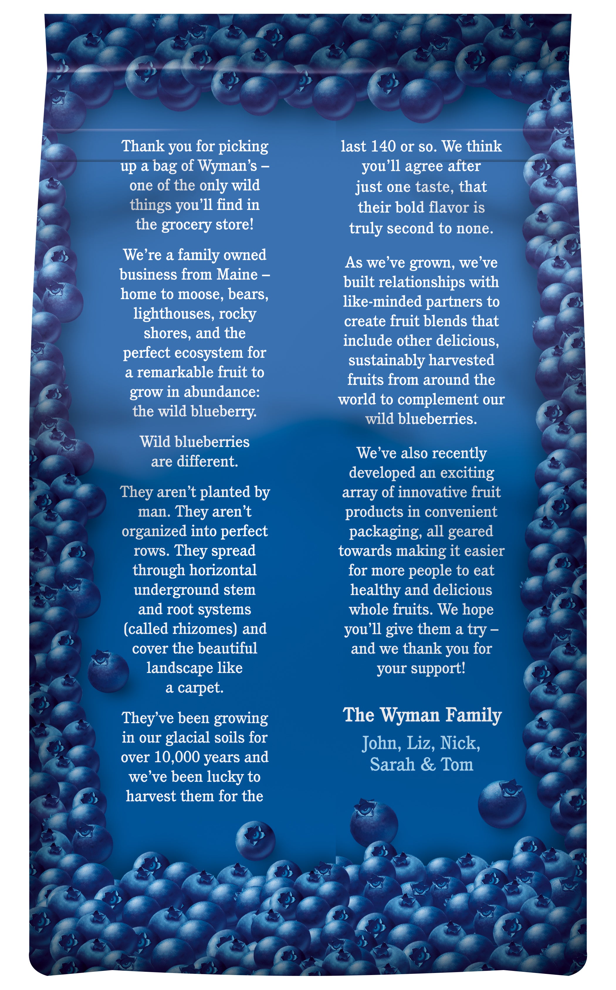 A Shop Wyman's blue bag with a poem on it, featuring eco-friendly packaging.