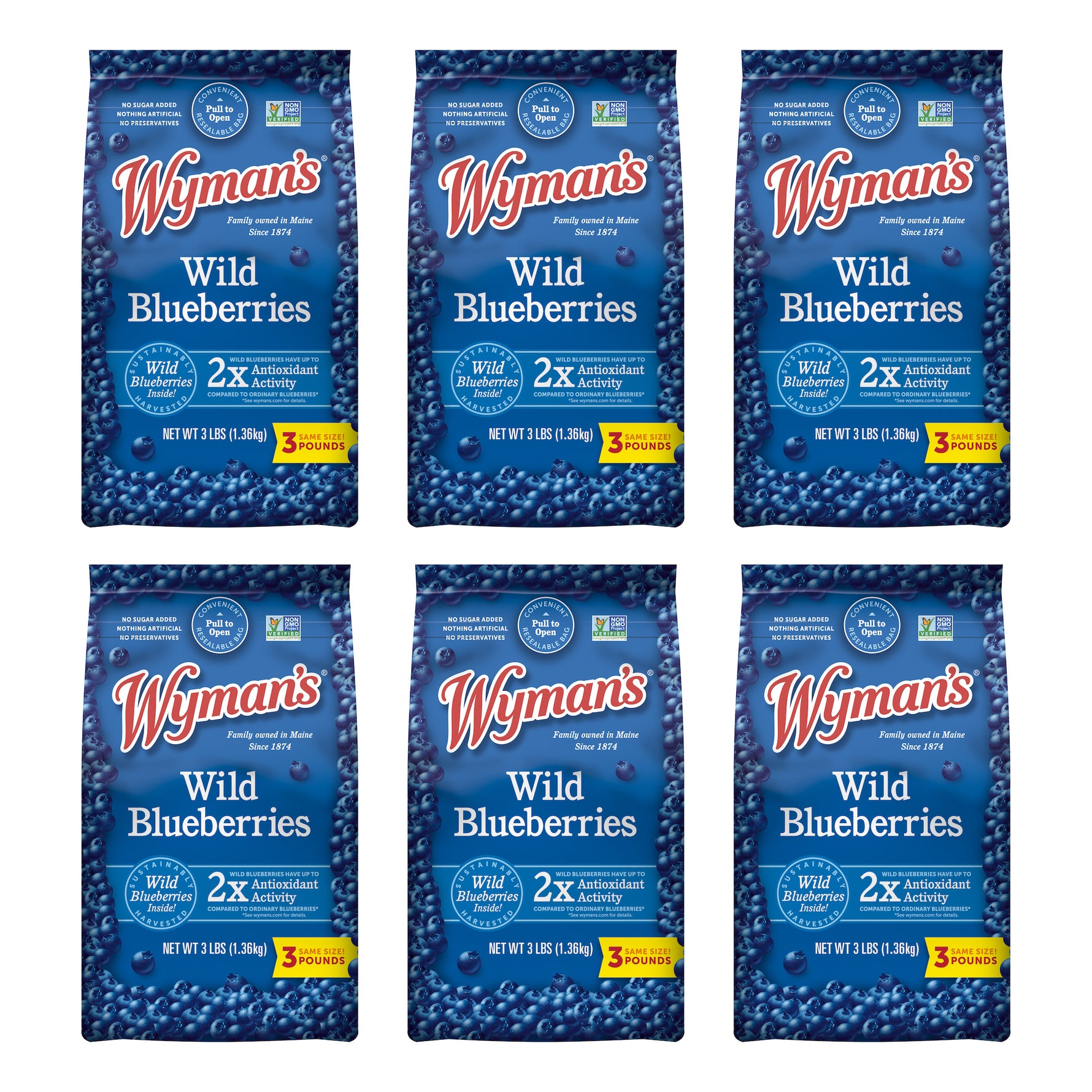 Six bags from the I Love Wild Blueberries Bundle by Wyman's are showcased, each containing 3 pounds of blueberries that highlight double antioxidant activity. These delightful berries are packaged in an eco-friendly manner, contributing to both their health benefits and environmental sustainability.