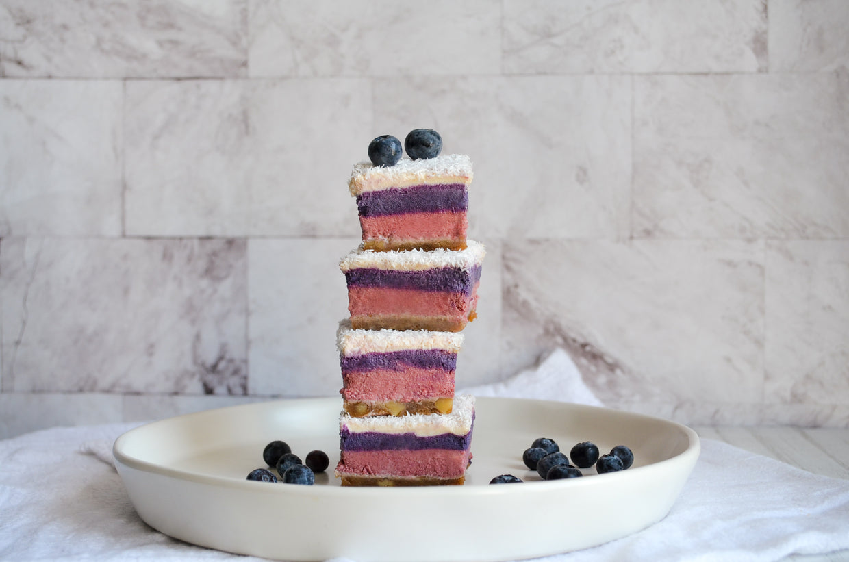 Raw Cherry & Wild Blueberry Layered Cheesecake Bars